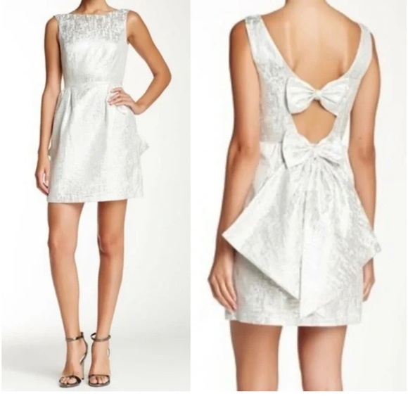 ERIN Erin Fetherston‎ Size 6 Silver Metallic Double Back Bow Cocktail Dress - Picture 1 of 9